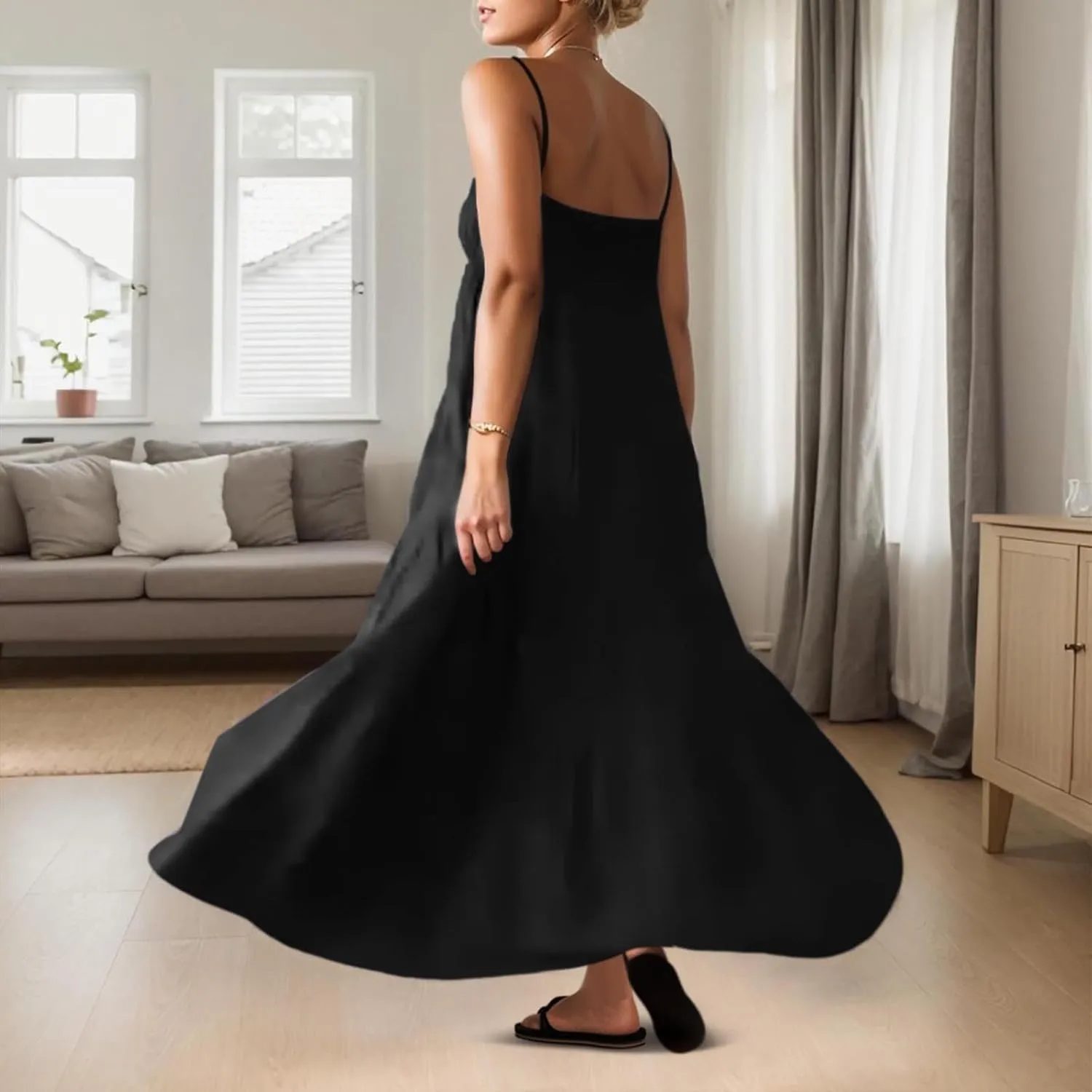 Sundresses for Women Spaghetti Strap Maxi Dresses Loose Fit The Waist Ruffle Dress Summer Beach Casual Dresses 2025