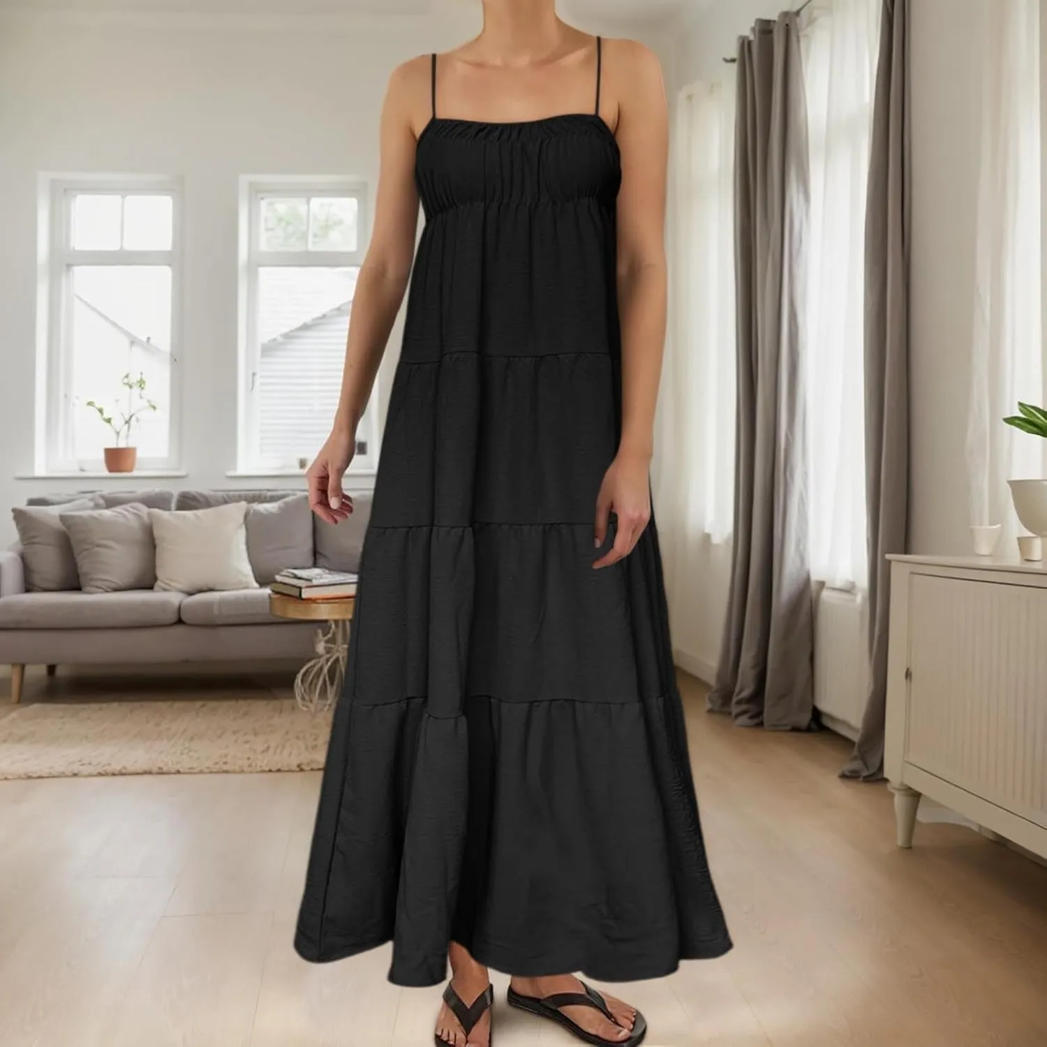 Sundresses for Women Spaghetti Strap Maxi Dresses Loose Fit The Waist Ruffle Dress Summer Beach Casual Dresses 2025