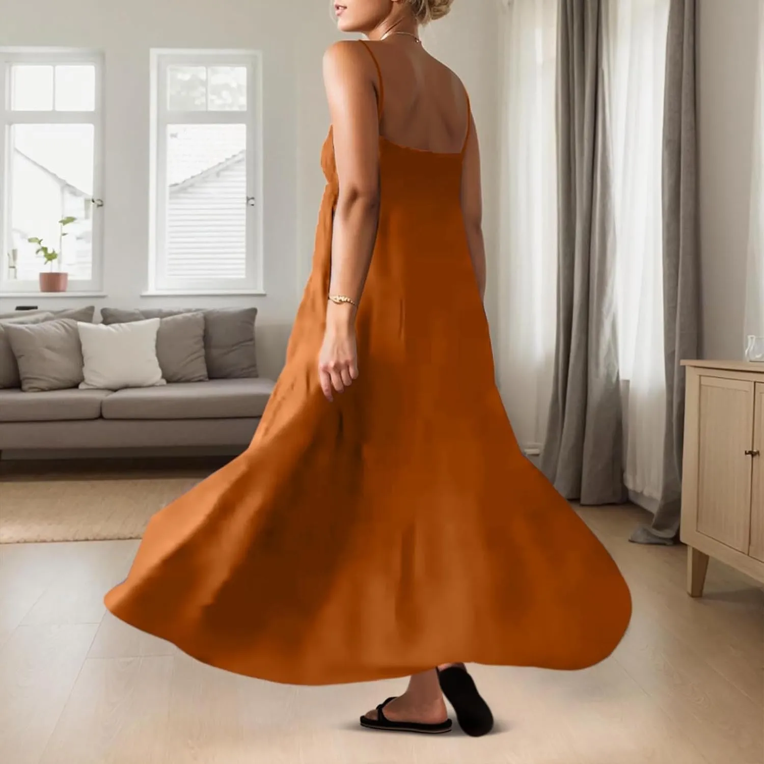 Sundresses for Women Spaghetti Strap Maxi Dresses Loose Fit The Waist Ruffle Dress Summer Beach Casual Dresses 2025