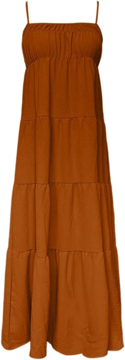Sundresses for Women Spaghetti Strap Maxi Dresses Loose Fit The Waist Ruffle Dress Summer Beach Casual Dresses 2025
