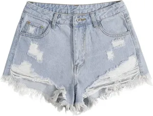 SweatyRocks Women's High Rise Zip Up Ripped Raw Hem Denim Jean Shorts with Pocket