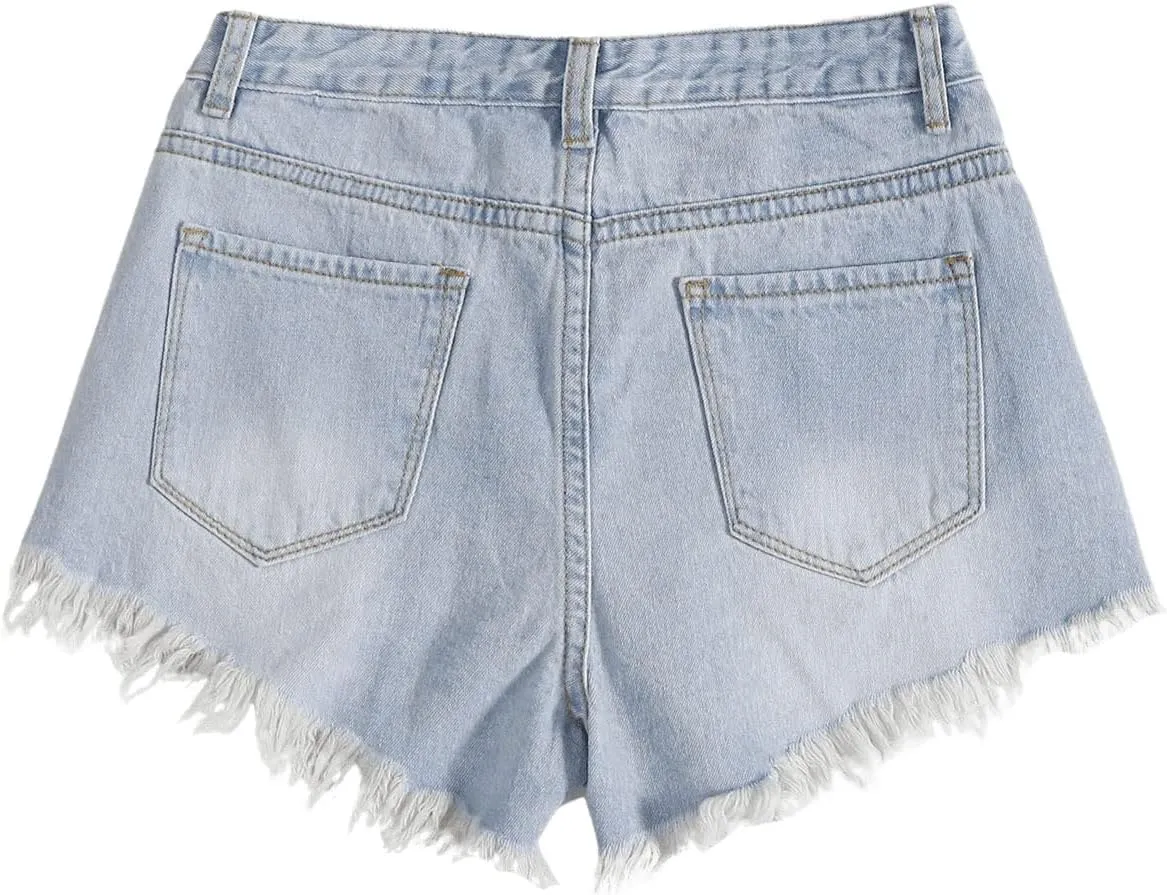 SweatyRocks Women's High Rise Zip Up Ripped Raw Hem Denim Jean Shorts with Pocket