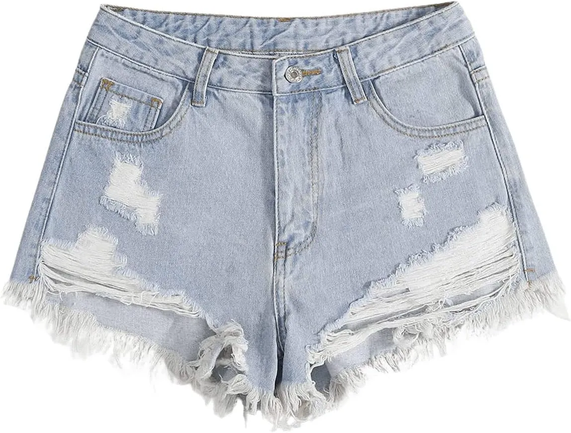 SweatyRocks Women's High Rise Zip Up Ripped Raw Hem Denim Jean Shorts with Pocket