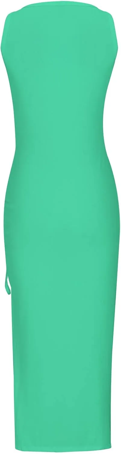 TANGNADE Women Bodycon Maxi Dress Sleeveless Drawstring Ruched Basic Party Club Slim Fit Trendy Casual Tank Dress