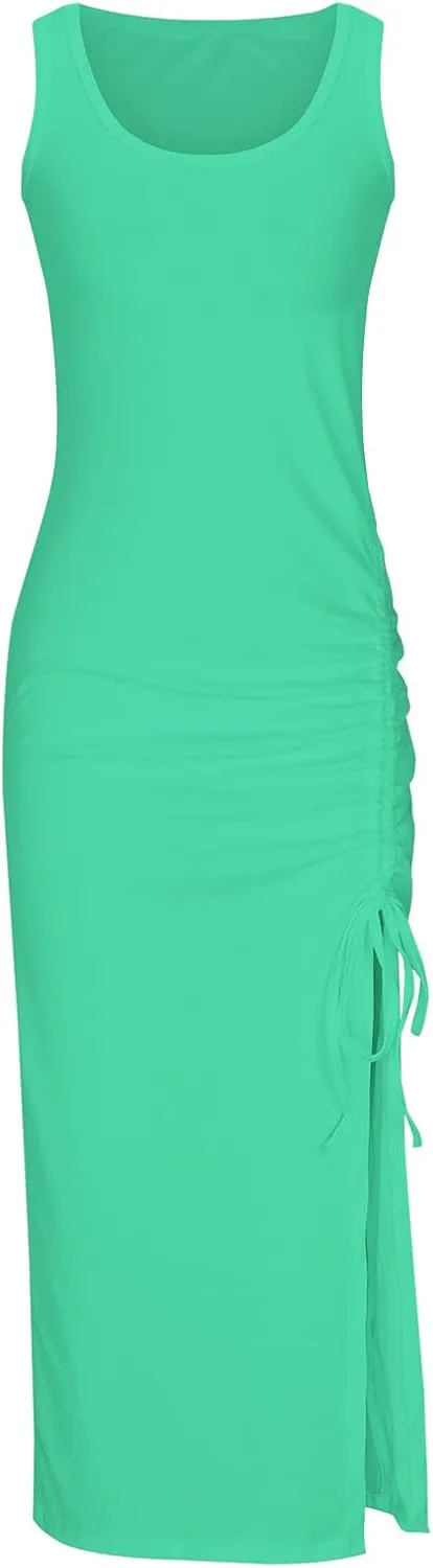 TANGNADE Women Bodycon Maxi Dress Sleeveless Drawstring Ruched Basic Party Club Slim Fit Trendy Casual Tank Dress