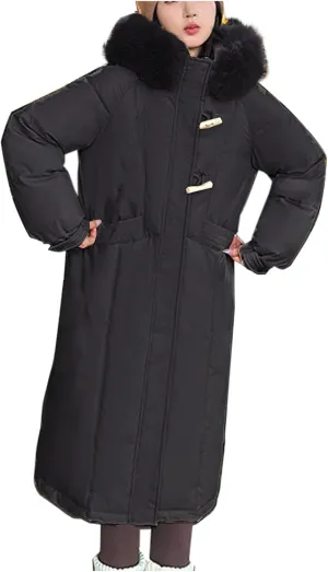 Teen Girls Heavyweight Parka Fur Hooded Thicken Trench Coats Warm Solid Color Windproof Puffer Jacket Maxi Down Coat