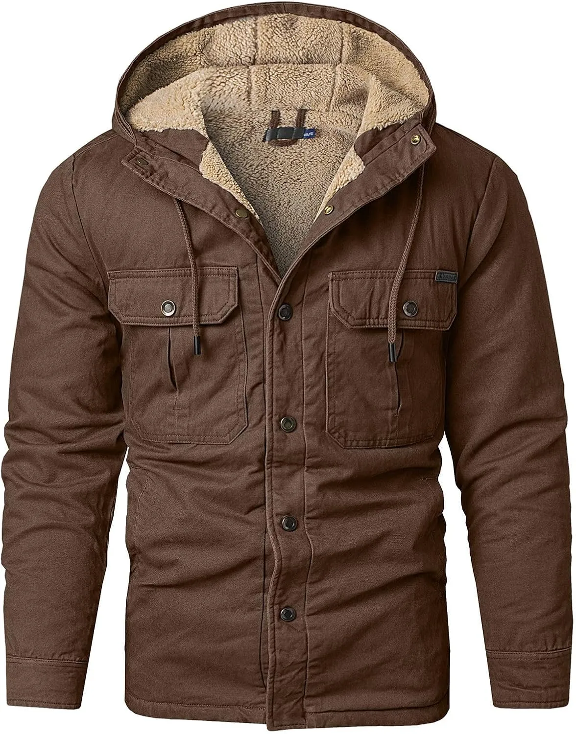 Thatrich Men's Sherpa Lined Jacket Fleece Hooded Coat Oversized Warm Jackets Button Down Coats Loose Overcoat Casual Outwears