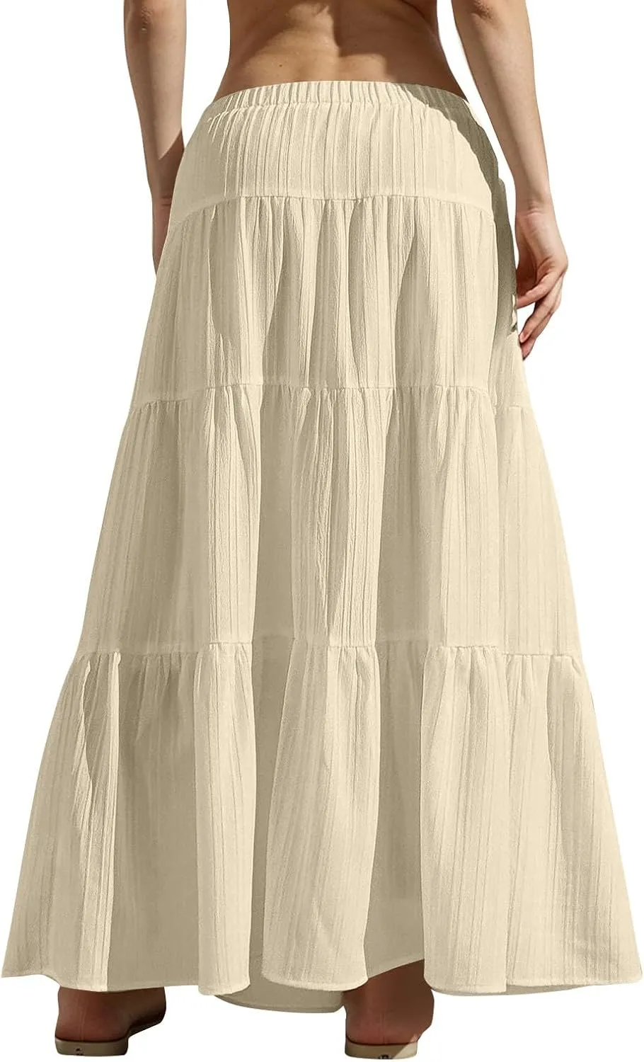 Tiered Long Skirts for Women Drawstring High Waisted Pleated Ruffle Maxi Skirt Flowy Swing Vacation Beach Skirt