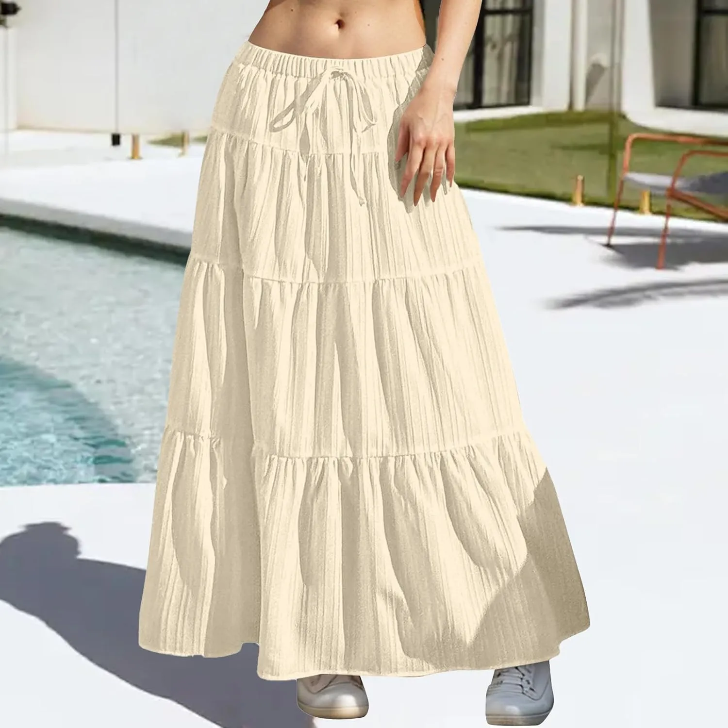 Tiered Long Skirts for Women Drawstring High Waisted Pleated Ruffle Maxi Skirt Flowy Swing Vacation Beach Skirt