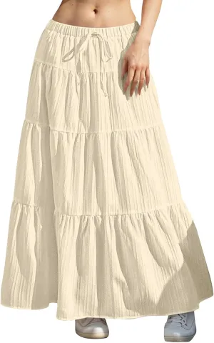 Tiered Long Skirts for Women Drawstring High Waisted Pleated Ruffle Maxi Skirt Flowy Swing Vacation Beach Skirt