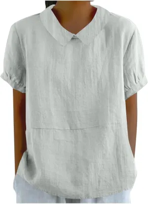 Tops for Women Trendy Collared Short Sleeve Shirts Casual Loose Fitted Linen Blouses Fashion Soft Summer Tops