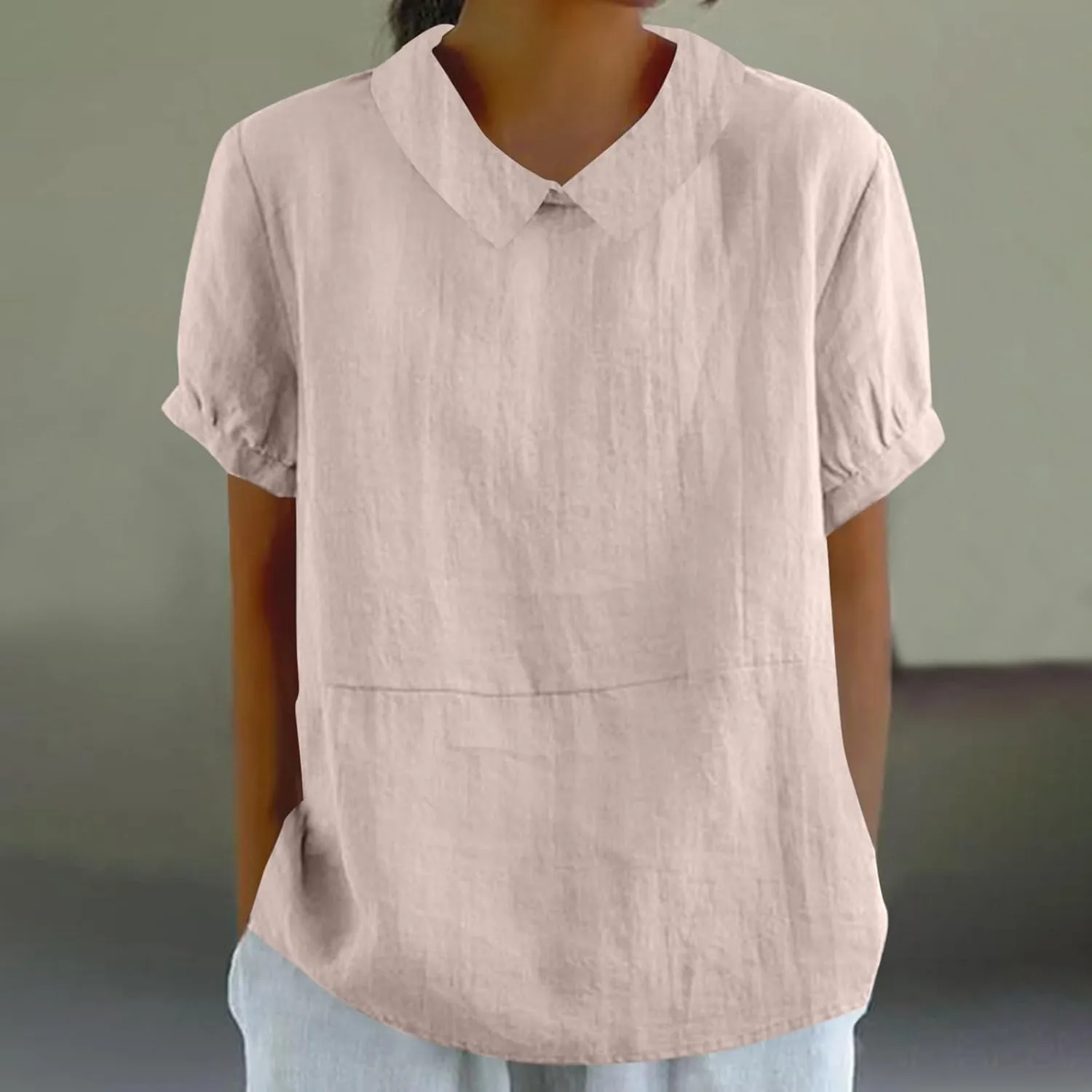Tops for Women Trendy Collared Short Sleeve Shirts Casual Loose Fitted Linen Blouses Fashion Soft Summer Tops