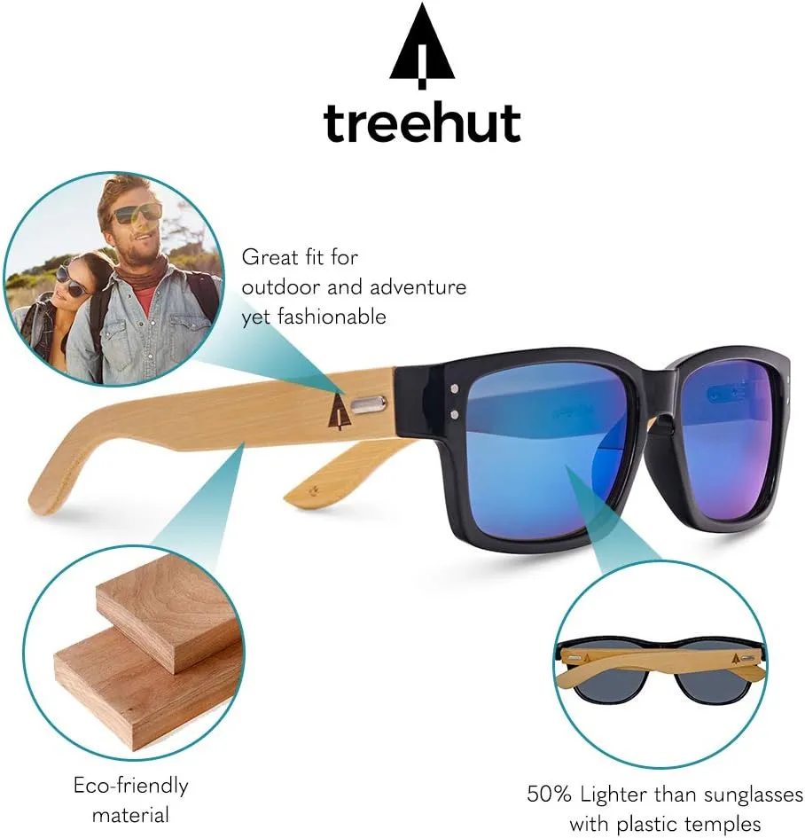 Treehut¨ Wooden Bamboo Sunglasses Temples Classic Square Keyhole Vintage Eyewear