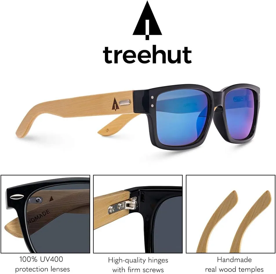 Treehut¨ Wooden Bamboo Sunglasses Temples Classic Square Keyhole Vintage Eyewear
