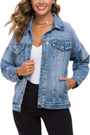 Tsher Women's Oversize Vintage Washed Denim Jacket Long Sleeve Classic Loose Jean Trucker Jacket D003