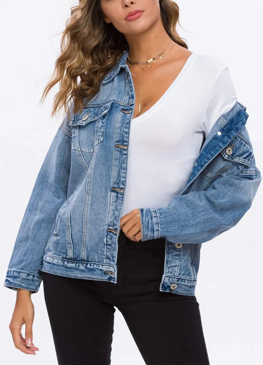 Tsher Women's Oversize Vintage Washed Denim Jacket Long Sleeve Classic Loose Jean Trucker Jacket D003