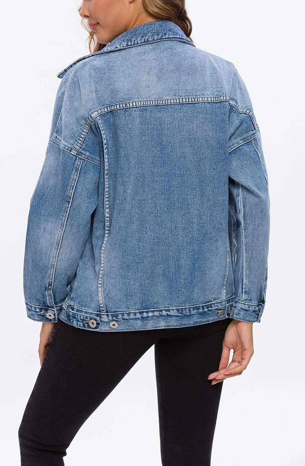 Tsher Women's Oversize Vintage Washed Denim Jacket Long Sleeve Classic Loose Jean Trucker Jacket D003