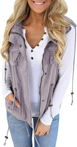 Tutorutor Womens Military Safari Camo Vest Utility Lightweight Sleeveless Hooded Drawstring Jackets with Pockets