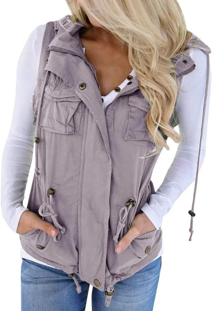 Tutorutor Womens Military Safari Camo Vest Utility Lightweight Sleeveless Hooded Drawstring Jackets with Pockets