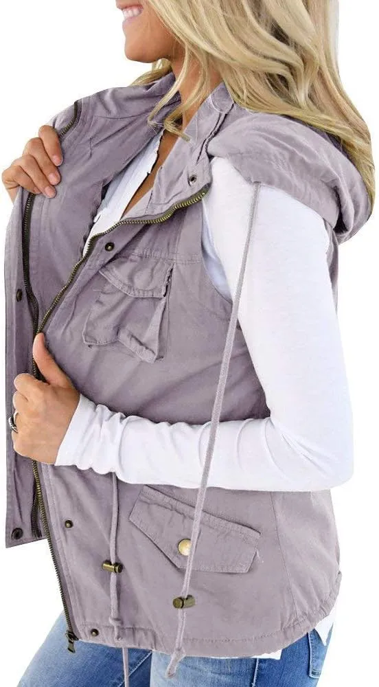 Tutorutor Womens Military Safari Camo Vest Utility Lightweight Sleeveless Hooded Drawstring Jackets with Pockets