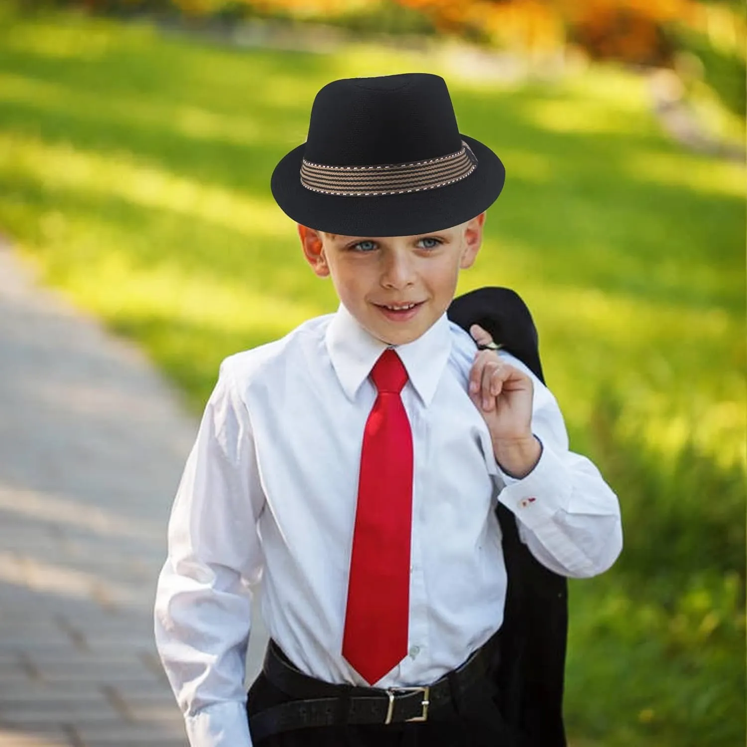 Ultrafun 4 Pack Kids Fedora Hat Short Brim Straw Trilby Jazz Hat Summer Sun Beach Cap for Boys Girls 5-10 Years