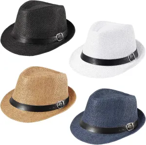 Ultrafun 4 Pack Kids Fedora Hat Short Brim Straw Trilby Jazz Hat Summer Sun Beach Cap for Boys Girls 5-10 Years