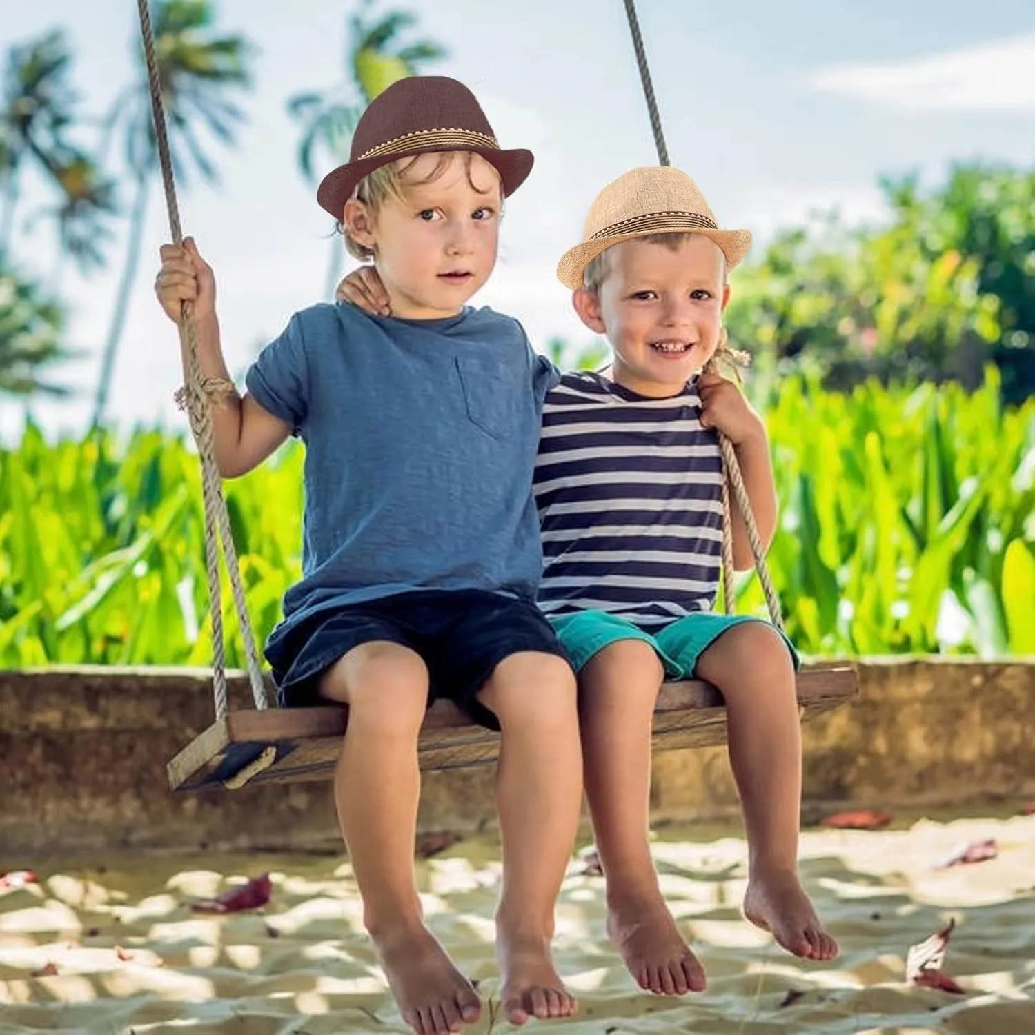 Ultrafun 4 Pack Kids Fedora Hat Short Brim Straw Trilby Jazz Hat Summer Sun Beach Cap for Boys Girls 5-10 Years
