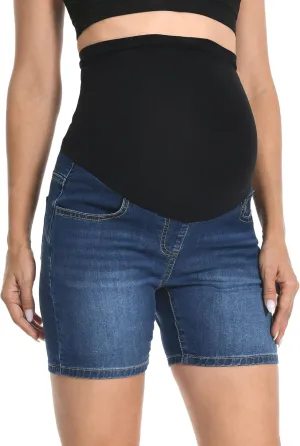 V VOCNI Maternity Denim Shorts Over The Belly Rolled Cuff Midrise Bermuda Short Pregnancy Jean Shorts