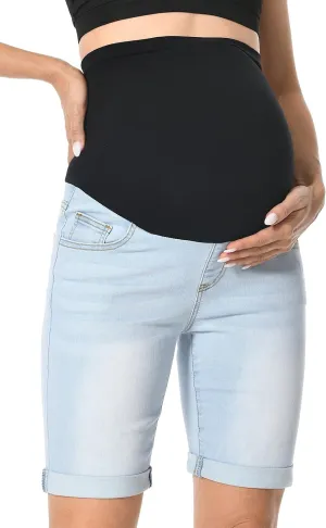 V VOCNI Maternity Denim Shorts Over The Belly Rolled Cuff Midrise Bermuda Short Pregnancy Jean Shorts