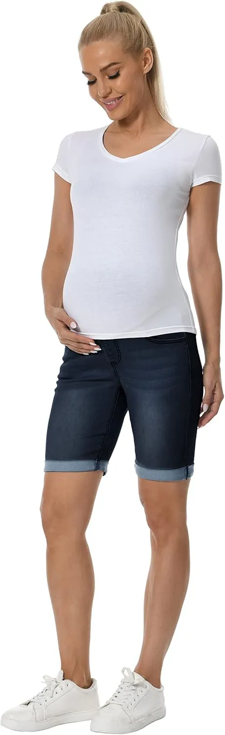V VOCNI Maternity Denim Shorts Over The Belly Rolled Cuff Midrise Bermuda Short Pregnancy Jean Shorts