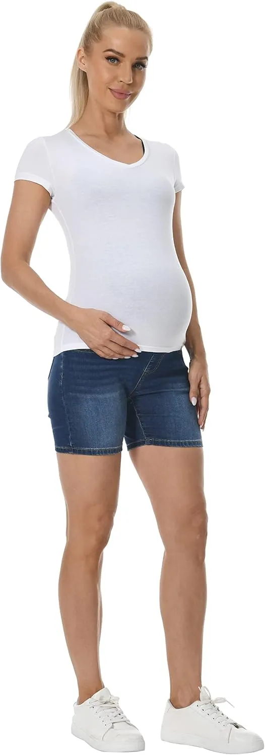 V VOCNI Maternity Denim Shorts Over The Belly Rolled Cuff Midrise Bermuda Short Pregnancy Jean Shorts