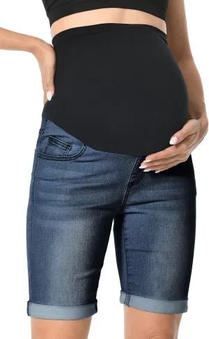 V VOCNI Maternity Denim Shorts Over The Belly Rolled Cuff Midrise Bermuda Short Pregnancy Jean Shorts