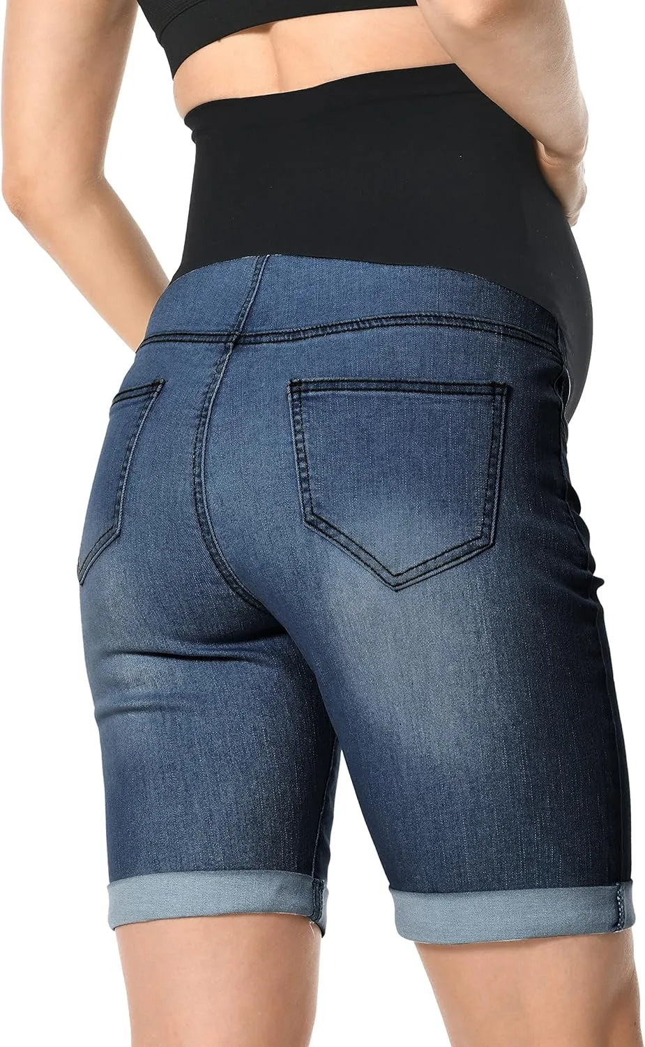 V VOCNI Maternity Denim Shorts Over The Belly Rolled Cuff Midrise Bermuda Short Pregnancy Jean Shorts