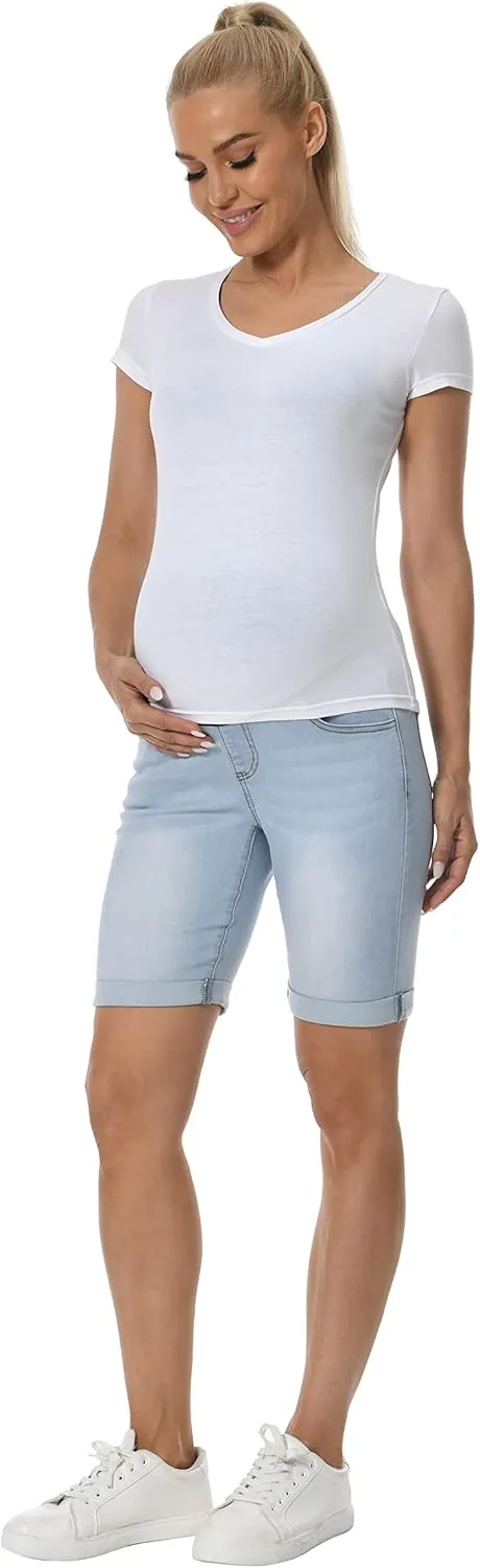 V VOCNI Maternity Denim Shorts Over The Belly Rolled Cuff Midrise Bermuda Short Pregnancy Jean Shorts