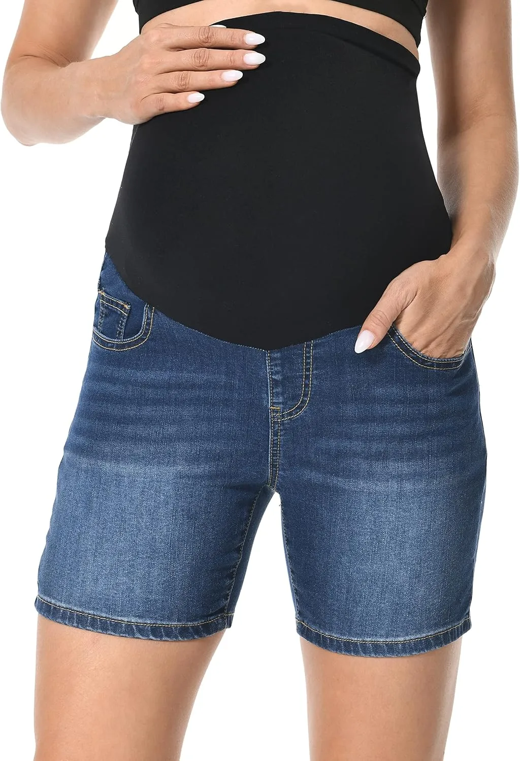 V VOCNI Maternity Denim Shorts Over The Belly Rolled Cuff Midrise Bermuda Short Pregnancy Jean Shorts