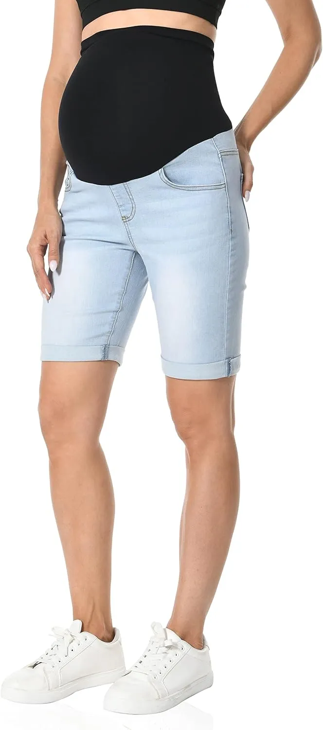 V VOCNI Maternity Denim Shorts Over The Belly Rolled Cuff Midrise Bermuda Short Pregnancy Jean Shorts