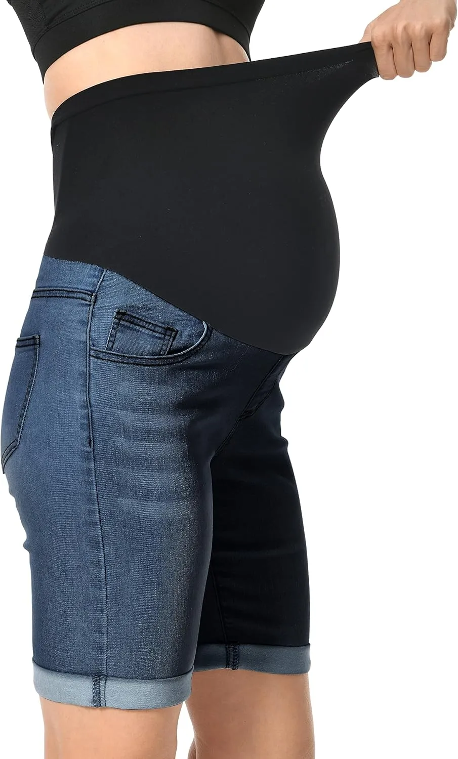 V VOCNI Maternity Denim Shorts Over The Belly Rolled Cuff Midrise Bermuda Short Pregnancy Jean Shorts
