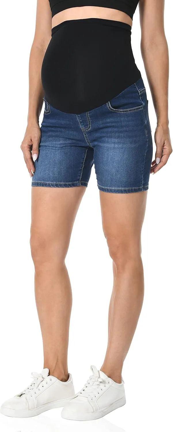 V VOCNI Maternity Denim Shorts Over The Belly Rolled Cuff Midrise Bermuda Short Pregnancy Jean Shorts