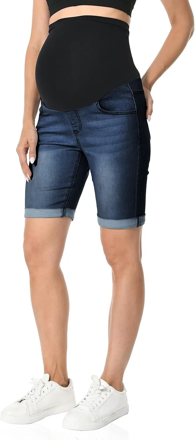 V VOCNI Maternity Denim Shorts Over The Belly Rolled Cuff Midrise Bermuda Short Pregnancy Jean Shorts