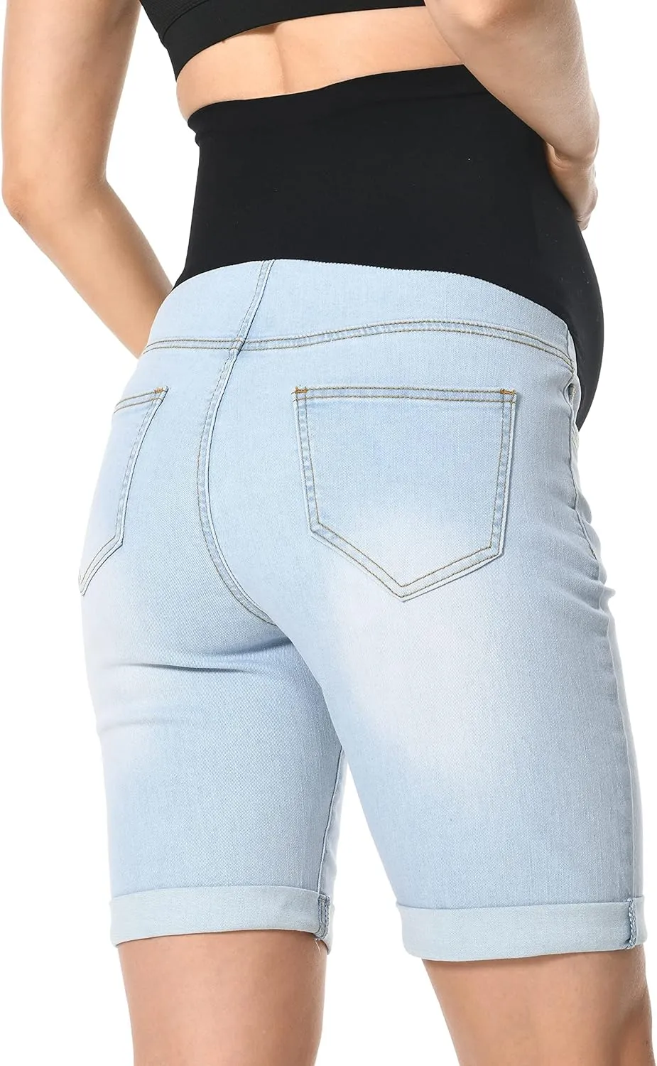 V VOCNI Maternity Denim Shorts Over The Belly Rolled Cuff Midrise Bermuda Short Pregnancy Jean Shorts