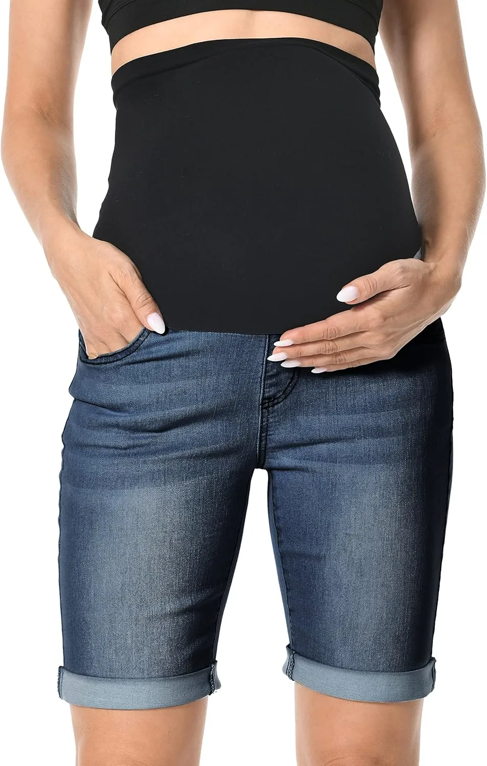 V VOCNI Maternity Denim Shorts Over The Belly Rolled Cuff Midrise Bermuda Short Pregnancy Jean Shorts
