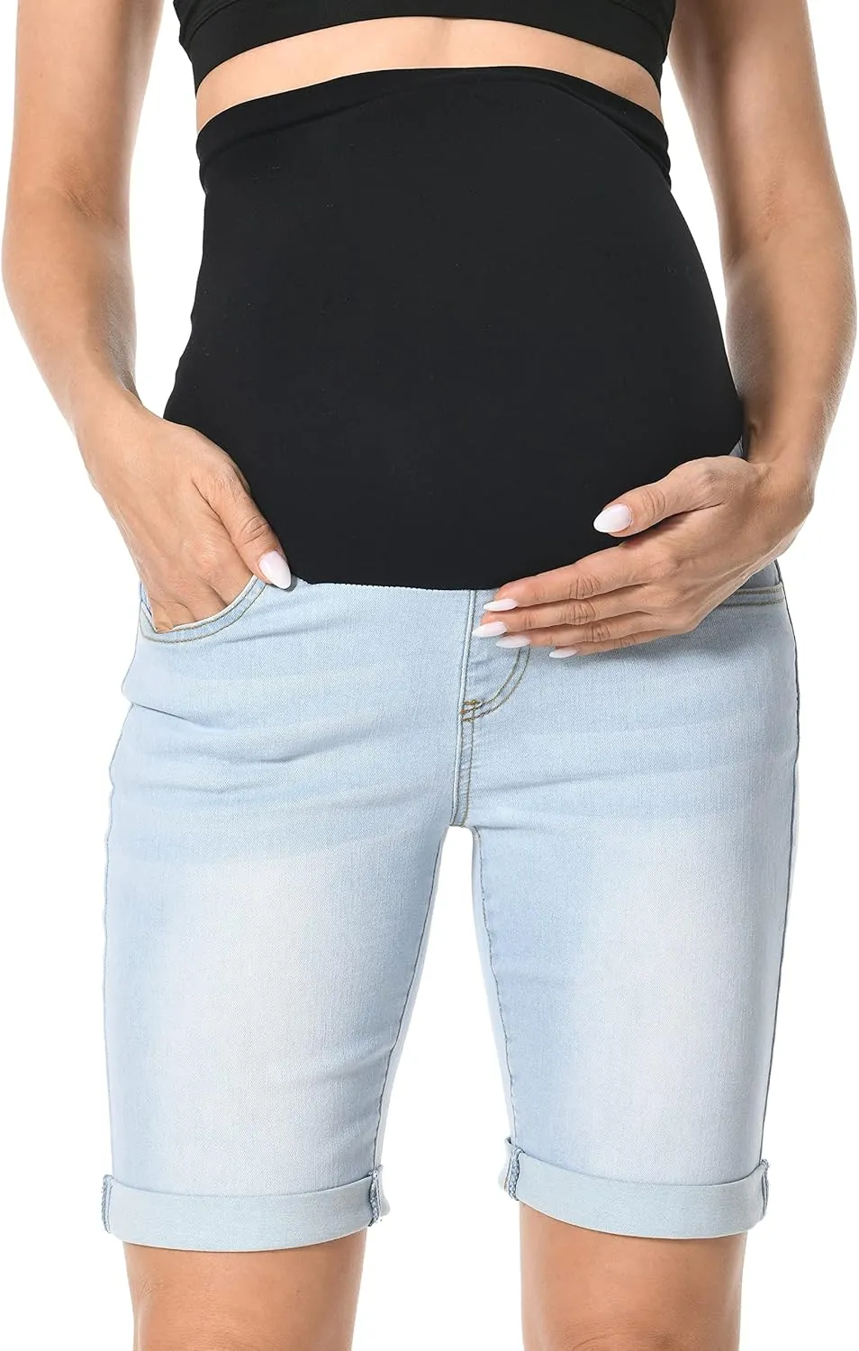 V VOCNI Maternity Denim Shorts Over The Belly Rolled Cuff Midrise Bermuda Short Pregnancy Jean Shorts