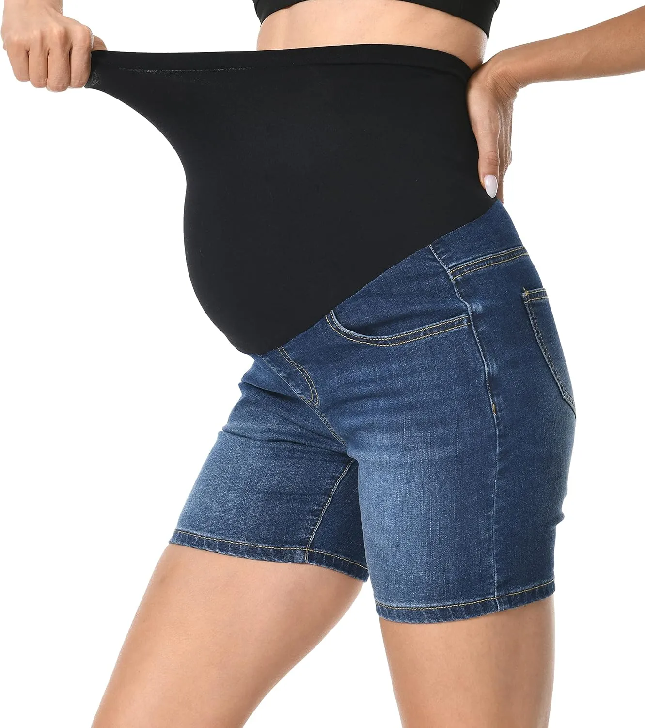 V VOCNI Maternity Denim Shorts Over The Belly Rolled Cuff Midrise Bermuda Short Pregnancy Jean Shorts