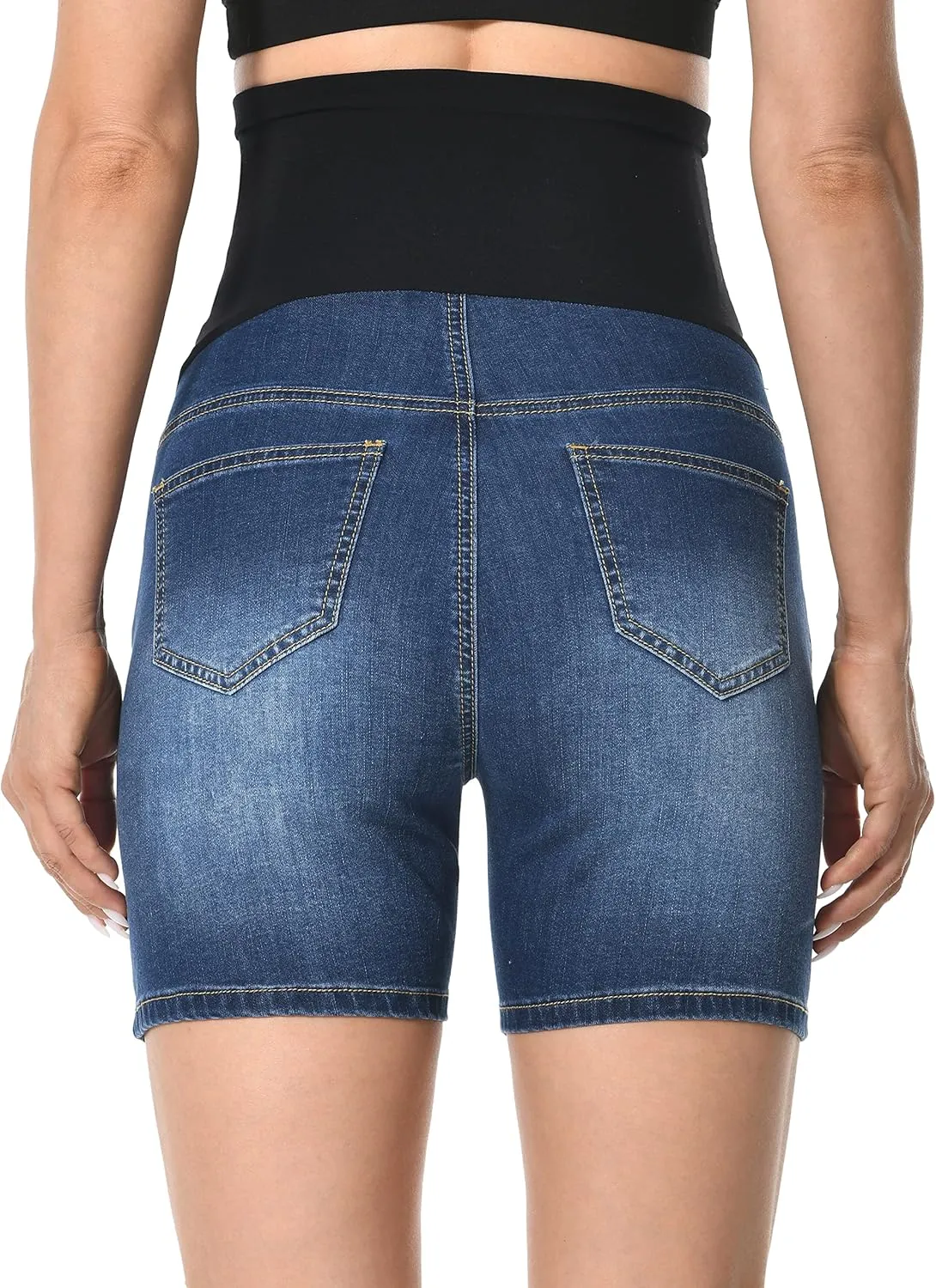 V VOCNI Maternity Denim Shorts Over The Belly Rolled Cuff Midrise Bermuda Short Pregnancy Jean Shorts