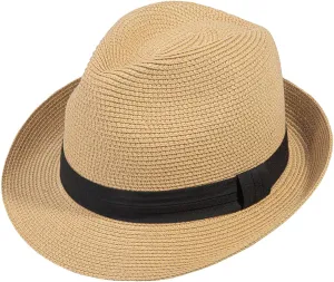 Verabella Straw Fedora Hat for Women & Men Foldable Short Brim Trilby Beach Sun Hat