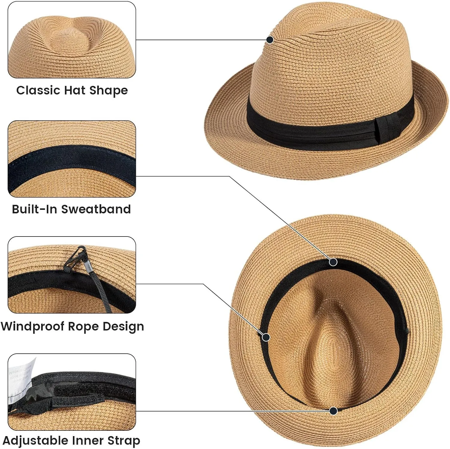 Verabella Straw Fedora Hat for Women & Men Foldable Short Brim Trilby Beach Sun Hat
