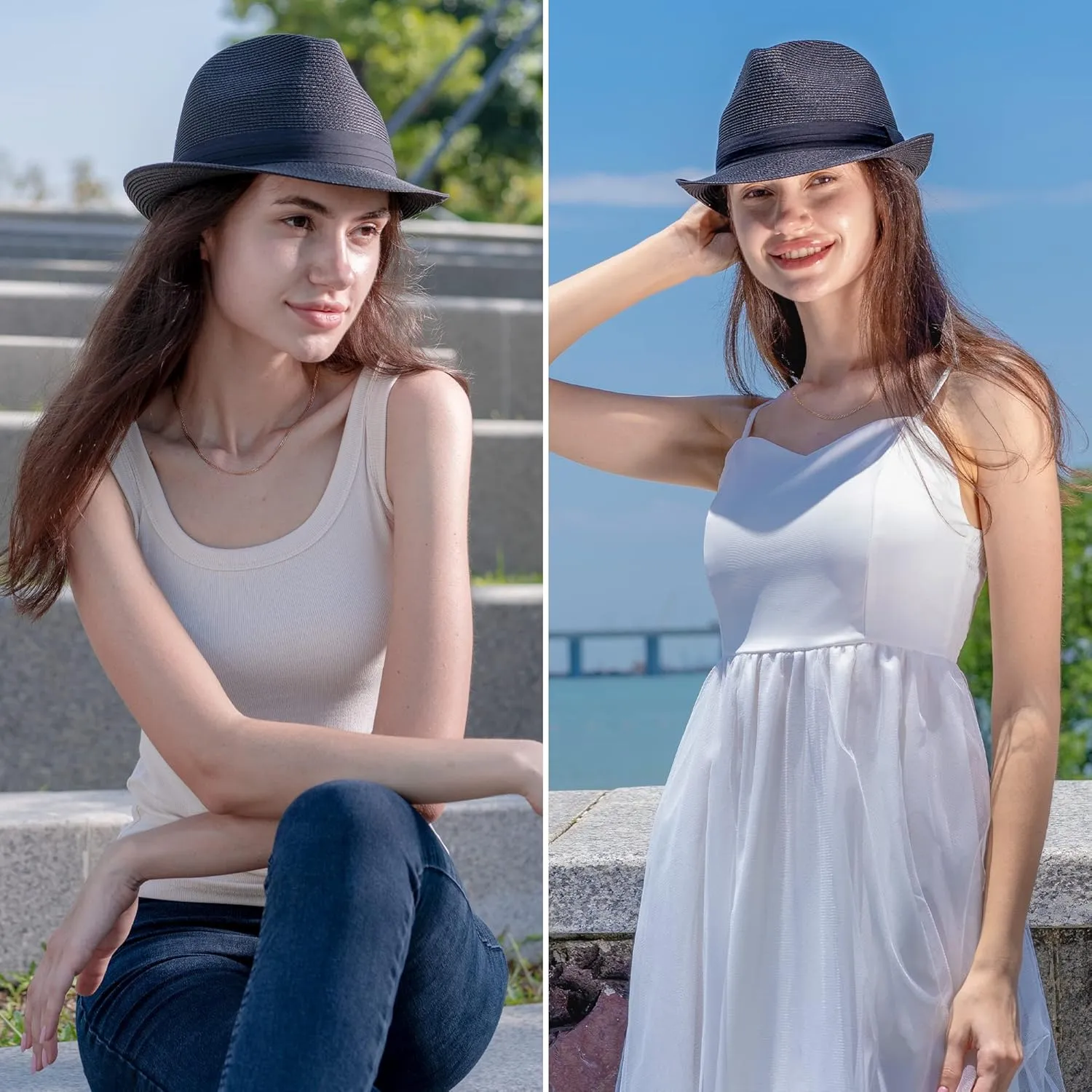 Verabella Straw Fedora Hat for Women & Men Foldable Short Brim Trilby Beach Sun Hat