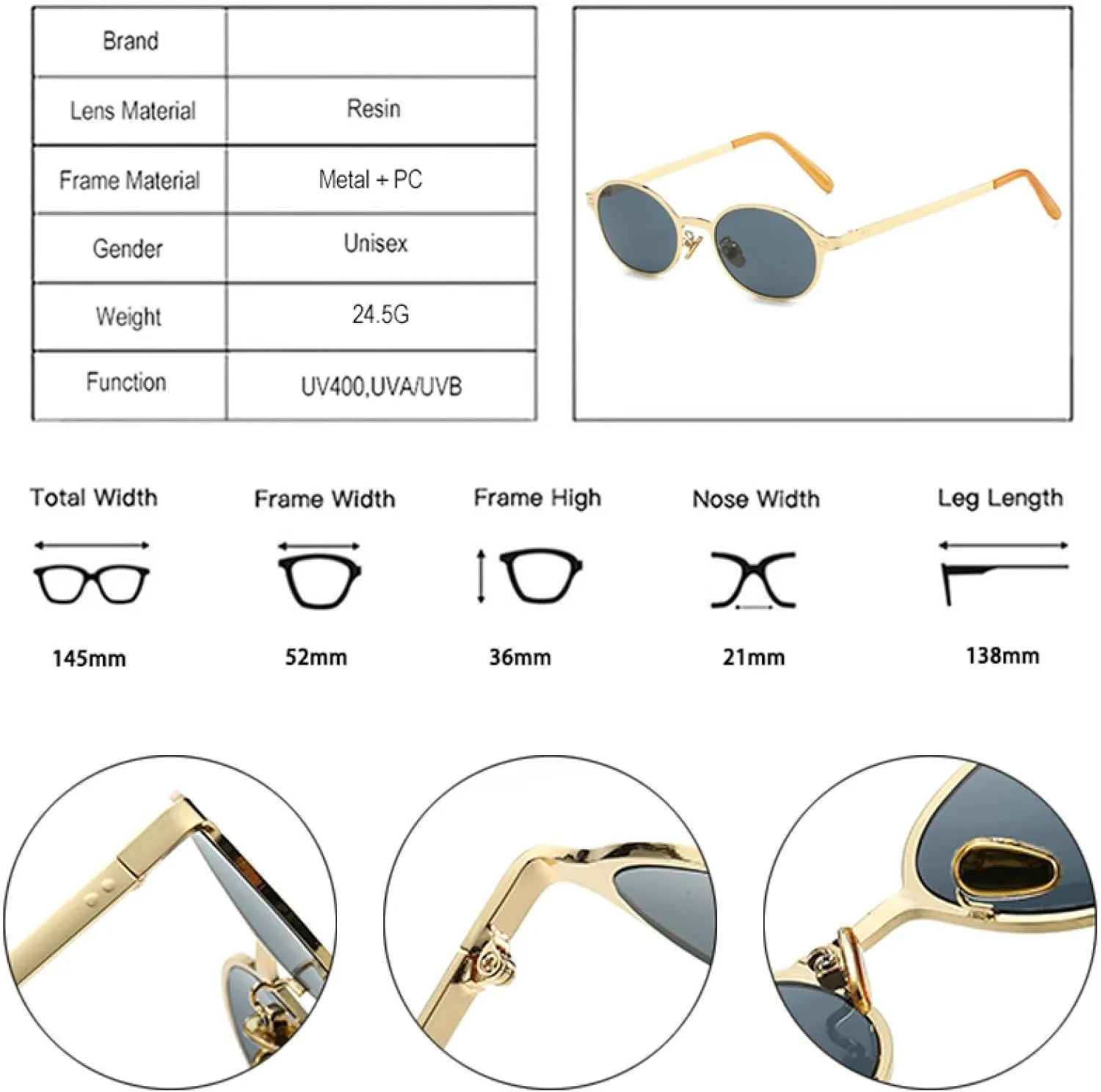 Vintage Classic Women Small Oval Metal Frame Fashion Rivets Men Punk Shades Uv400 Sun Glasses