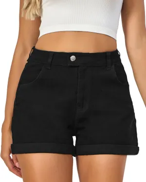 VIPONES Denim Shorts Women Summer Stretchy High Waisted Fold Hem Jean Shorts 3 Inch Inseam
