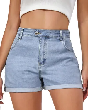 VIPONES Denim Shorts Women Summer Stretchy High Waisted Fold Hem Jean Shorts 3 Inch Inseam